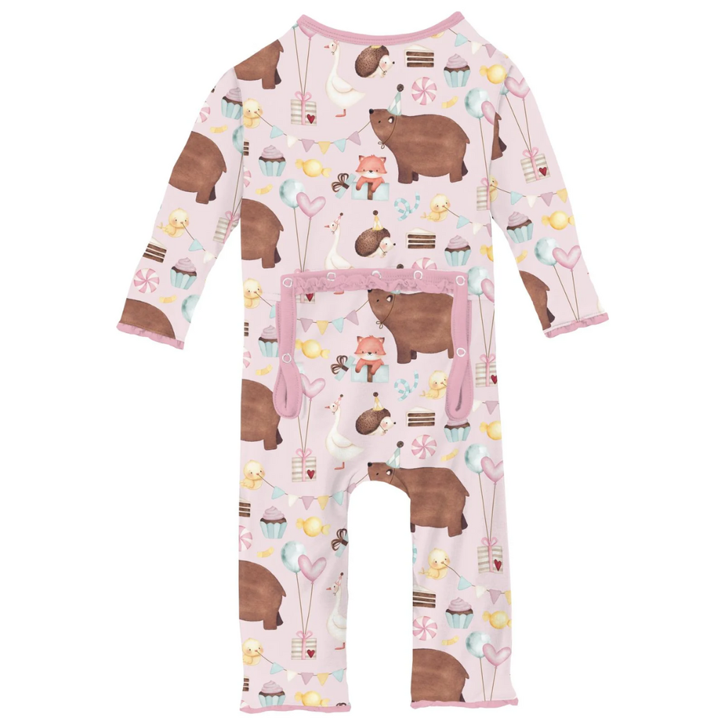 KICKEE PANTS LAYETTE RUFFLE COVERALL W/2WAY ZIPPER VIOLET FOREST PARTY