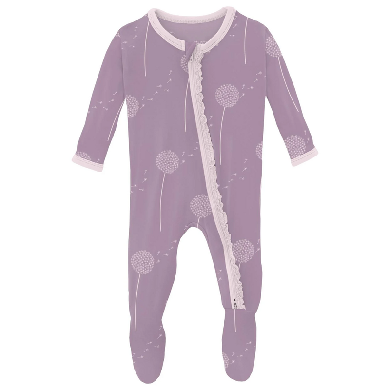 KICKEE PANTS LAYETTE RUFFLE FOOTIE W/2 WAY ZIPPER LAV DANDELION