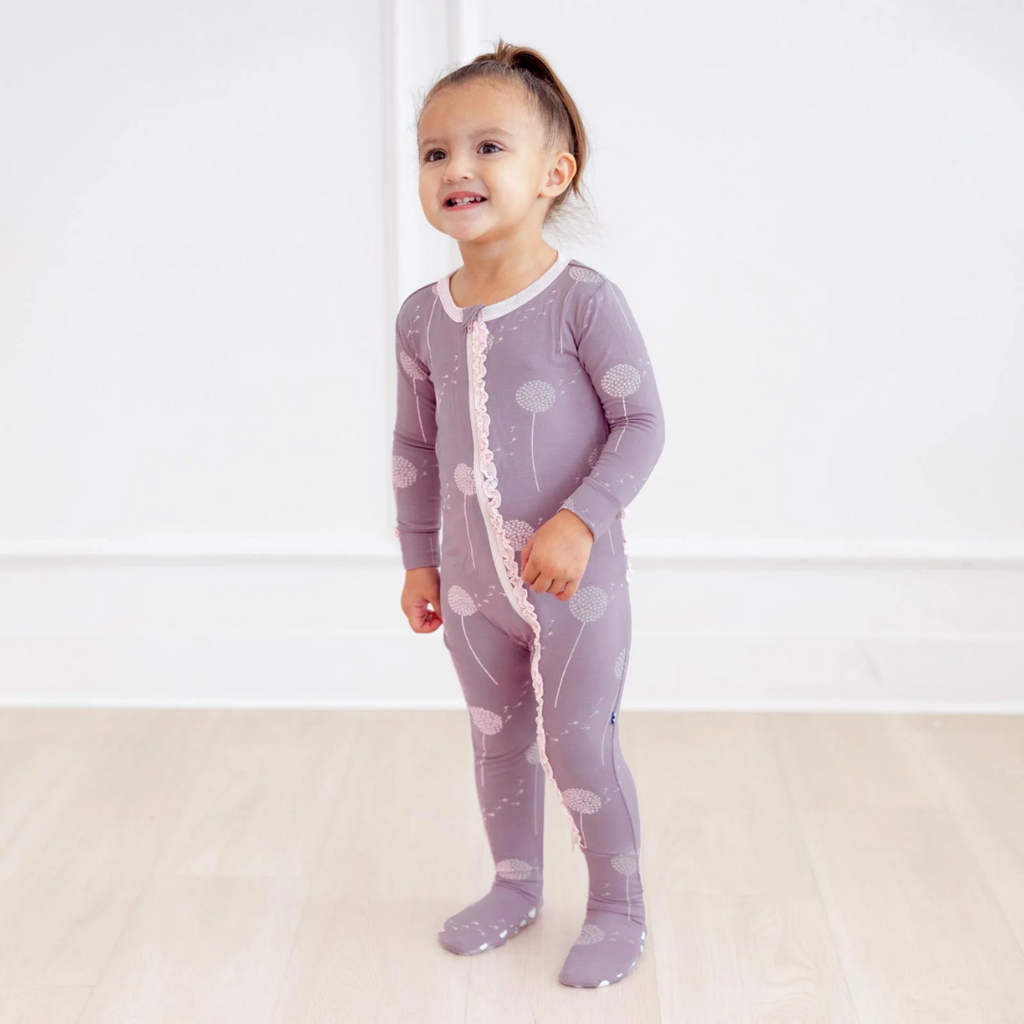 KICKEE PANTS LAYETTE RUFFLE FOOTIE W/2 WAY ZIPPER LAV DANDELION