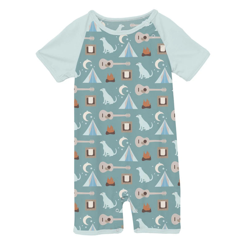 KICKEE PANTS SHORT SLEEVE RAGLAN ROMPER JADE CAMPFIRE