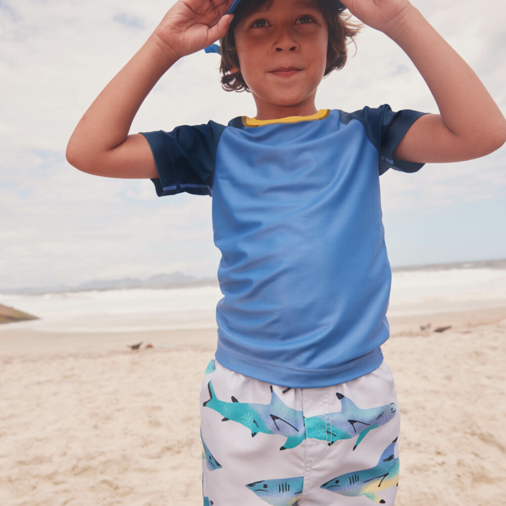 MID-LENGTH SWIM TRUNKS-PAINTED SHARKS