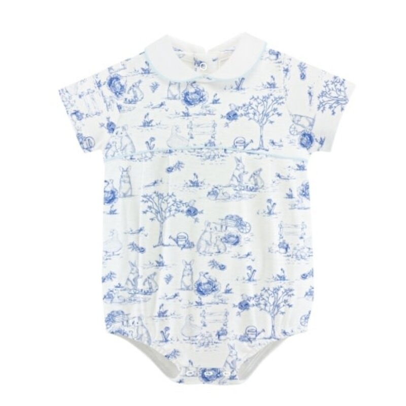 BABY CLUB CHIC blue toile bunnies bubble w/round collar