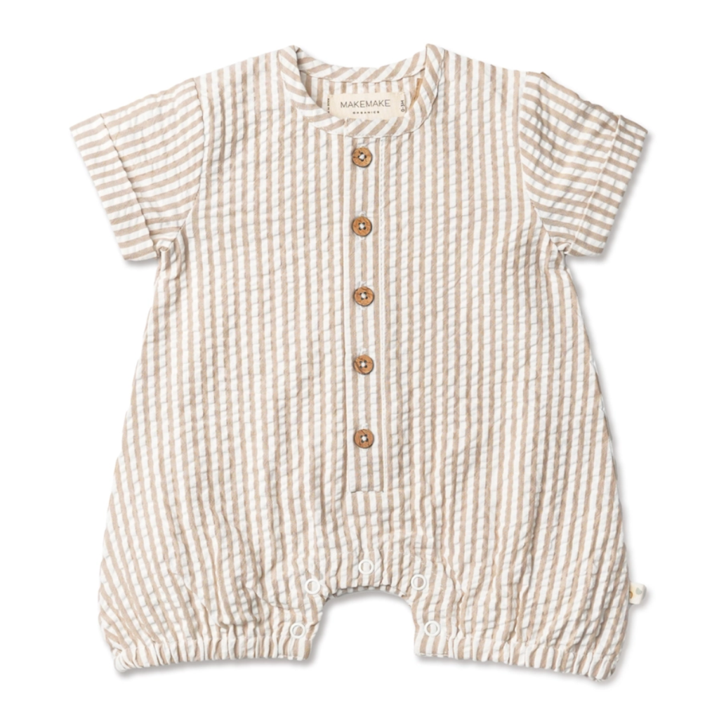 MAKEMAKE ORGANICS SHORT BUBBLE ROMPER - BROWN STRIPES