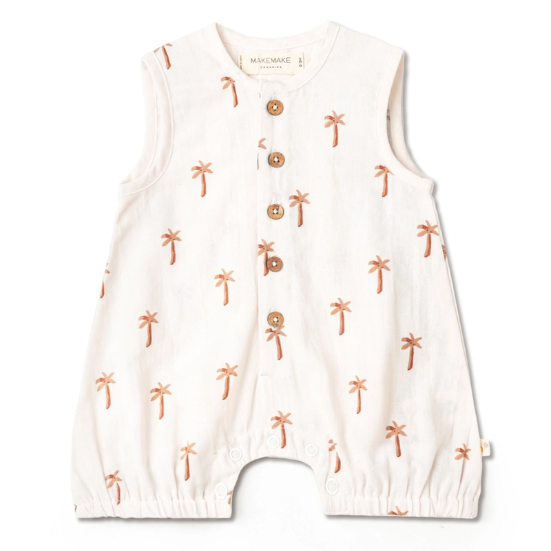 MAKEMAKE ORGANICS SLEEVELESS BUBBLE ROMPER - PALM