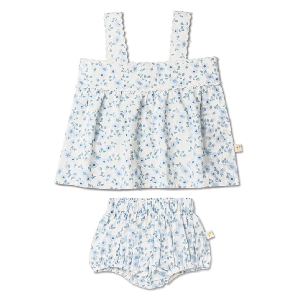 MAKEMAKE ORGANICS SCALLOPED TOP & BLOOMERS SET - BLUE VINES