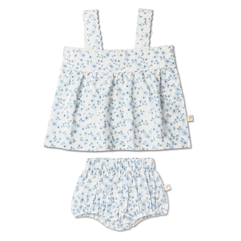 MAKEMAKE ORGANICS SCALLOPED TOP & BLOOMERS SET - BLUE VINES