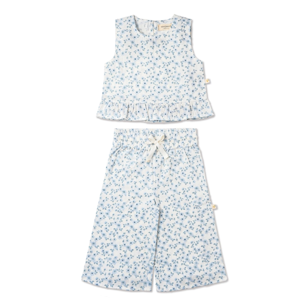 MAKEMAKE ORGANICS RUFFLE TOP & PANTS SET - BLUE VINES