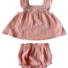 ANGEL DEAR Solid Muslin Rose Smoke Pinafore With Crochet Heart Lace And High Waisted