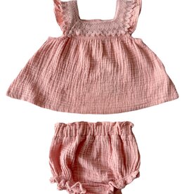 ANGEL DEAR Solid Muslin Rose Smoke Pinafore With Crochet Heart Lace And High Waisted