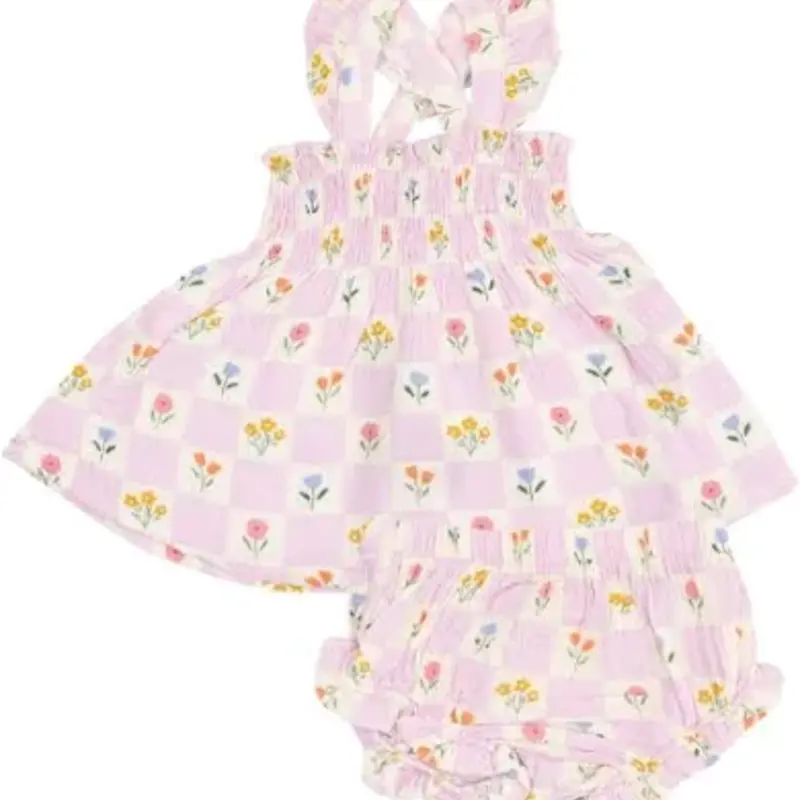 ANGEL DEAR Floral Check Ruffle Strap Smocked Top And Diaper Cover