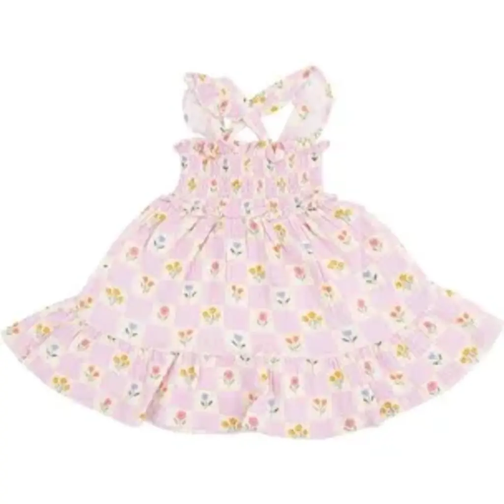 ANGEL DEAR Floral Check Smocked Ruffle Sundress & Diaper Cover