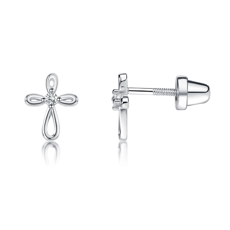 CHERISHED MOMENTS STERLING SILVER INFINITY CROSS EARRINGS-CLEAR