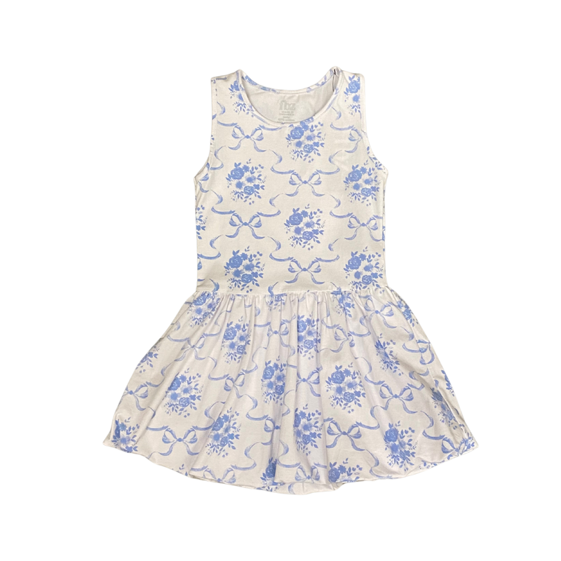 FLOWERS BY ZOE WHITE DRESS W/BLUE BOW TOILE