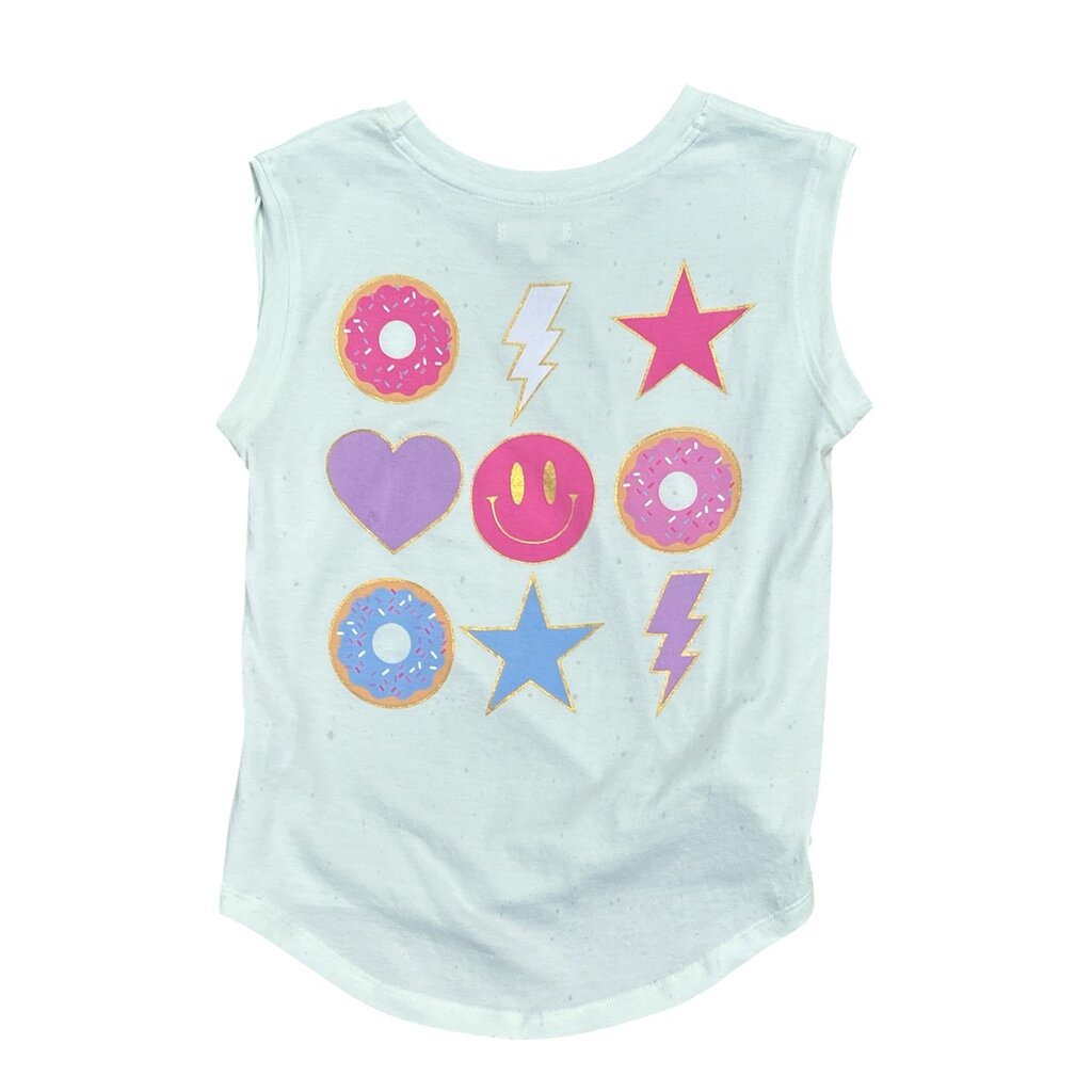 PAPER FLOWER KNOT/FRONT SIGN EMB. HAPPY FACE DONUT T-SHIRT-FROST