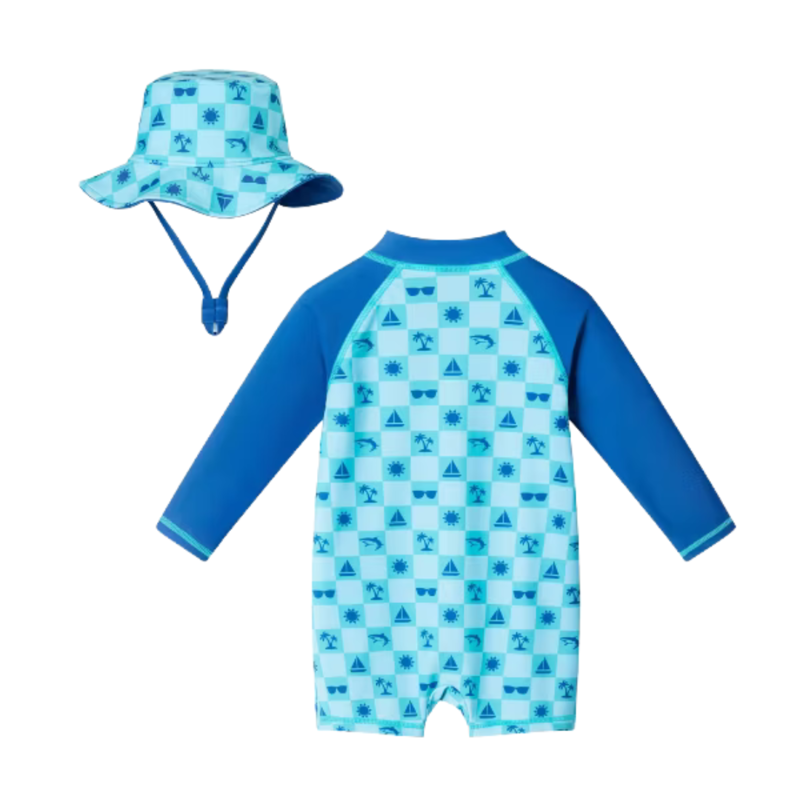 ANDY & EVAN Long Sleeve Navy & Teal Checker Icon Printed Swim Romper w/ Matching Hat