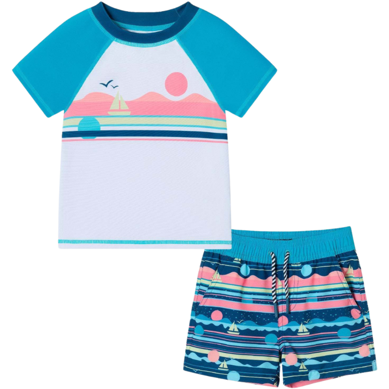 ANDY & EVAN Sailboat Short Sleeve Rash Guard w/ Boat Graphic & Boat Printed Swim Trunk