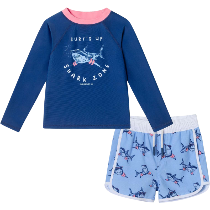 ANDY & EVAN Navy Long Sleeve Rash Guard w/ Shark Graphic & Shark Printed Swim Trunk