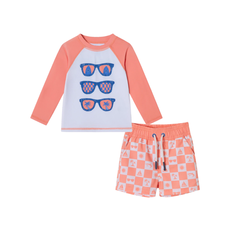 ANDY & EVAN Orange & Beige LS Rash Guard W/ Sunglasses Graphic & Checker Swim Trunk