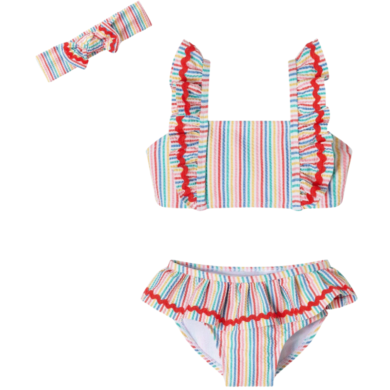 ANDY & EVAN Rainbow Seersucker Ruffle Bikini w/ Ric Rac w/ Matching Bow Headband