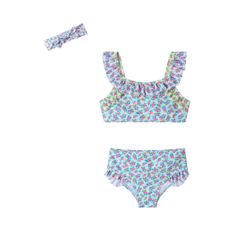 ANDY & EVAN Floral Printed Color Block Ruffle Bikini w/ Matching Bow Headband