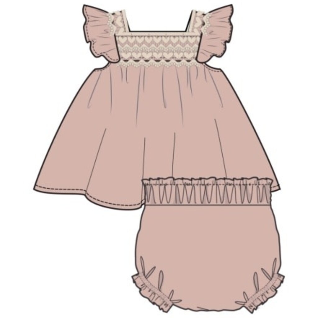 ANGEL DEAR Solid Muslin Rose Smoke Pinafore With Crochet Heart Lace And High Waisted