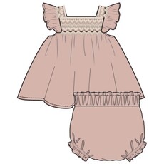 ANGEL DEAR Solid Muslin Rose Smoke Pinafore With Crochet Heart Lace And High Waisted