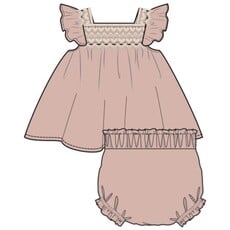 ANGEL DEAR Solid Muslin Rose Smoke Pinafore With Crochet Heart Lace And High Waisted