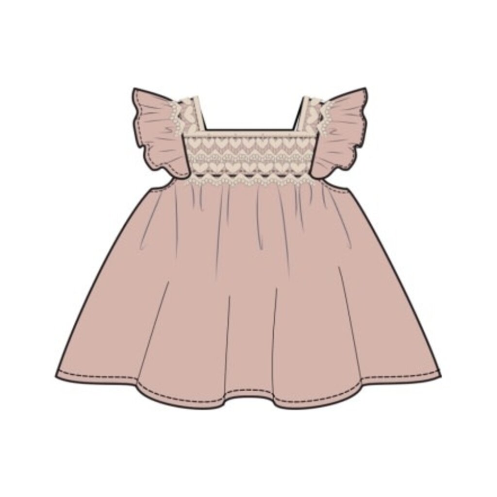 ANGEL DEAR Solid Muslin Rose Smoke Pinafore With Crochet Heart Lace And High Waisted