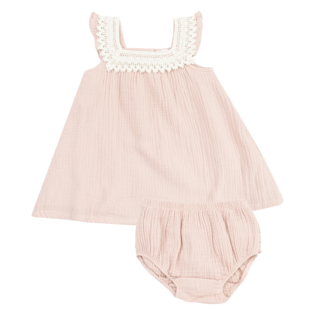 ANGEL DEAR Solid Muslin Rose Smokes Sundress With Heart Crochet
