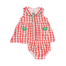 ANGEL DEAR Strawberry Gingham Peter Pan Button Front Dress W/Ric Rac Trim