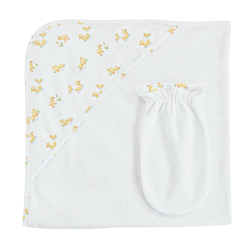 BABY CLUB CHIC baby duckies printed hodded towel with mitt set 31'x28" in
