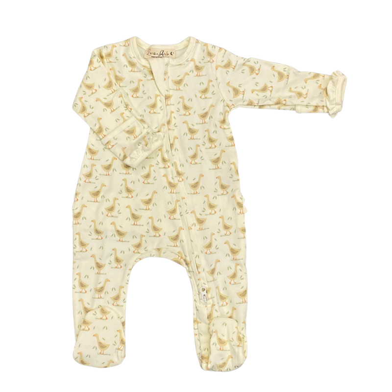 LUNA+ARLO GOOSE TALES RUFFLE ZIPPER FOOTIE IV