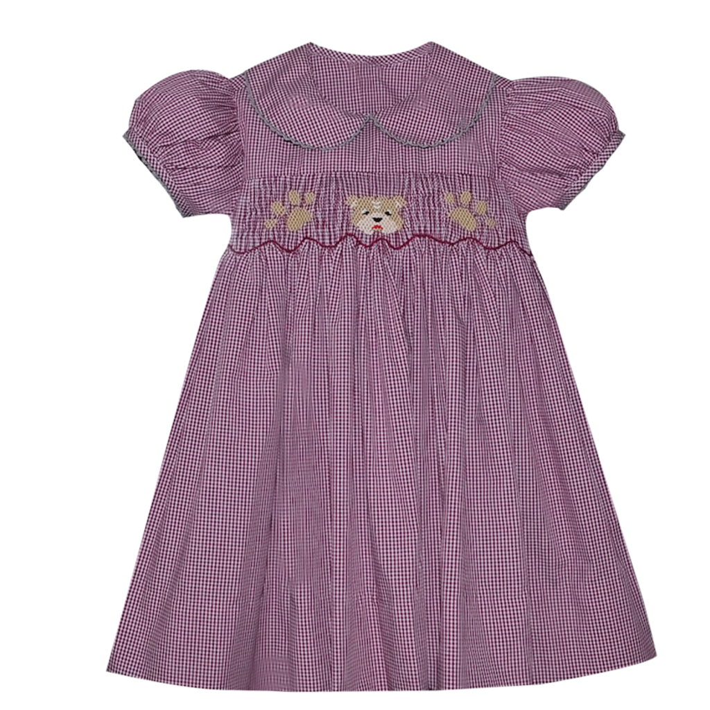 SOUTHERN SATURDAY BULLDOG MAROON/WHITE SMOCKED DRESS