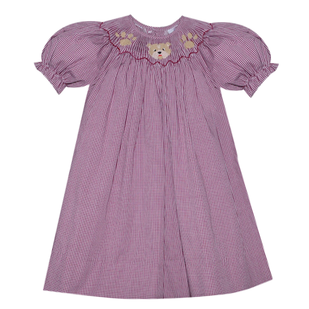 SOUTHERN SATURDAY BULLDOG MAROON/WHITE SMOCKED BISHOP DRESS