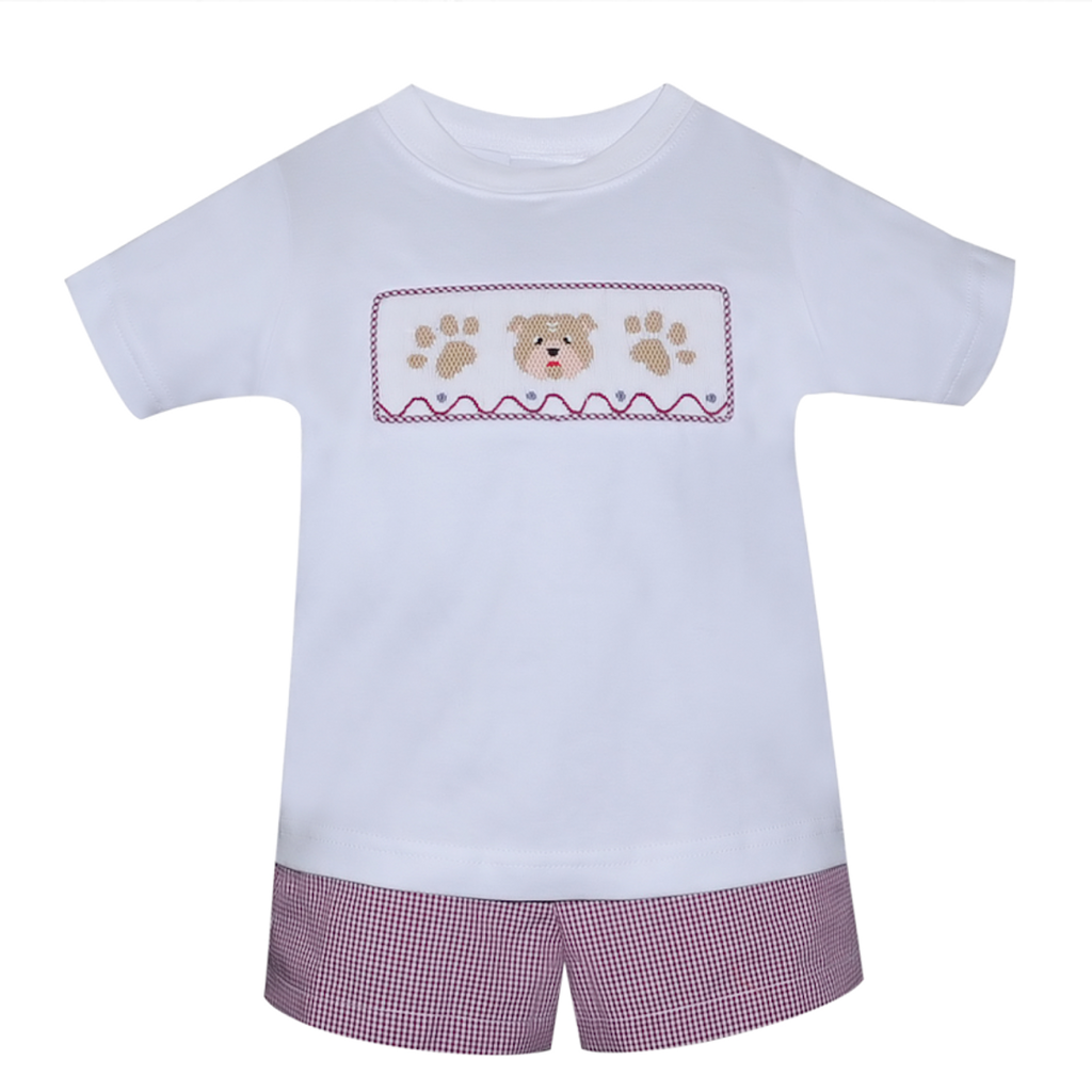 SOUTHERN SATURDAY BULLDOG MAROON/WHITE SMOCKED SHORT SET