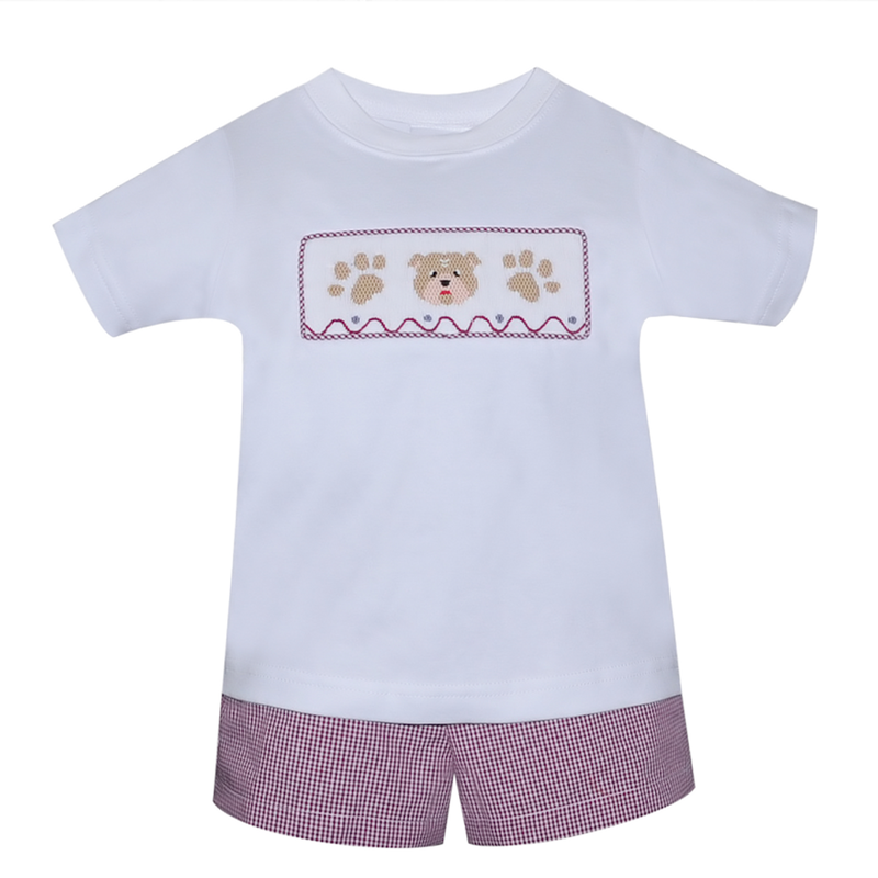 SOUTHERN SATURDAY BULLDOG MAROON/WHITE SMOCKED SHORT SET