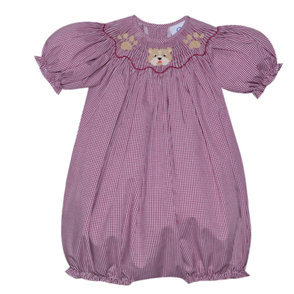 SOUTHERN SATURDAY BULLDOG MAROON/WHITE SMOCKED GIRLS BUBBLE