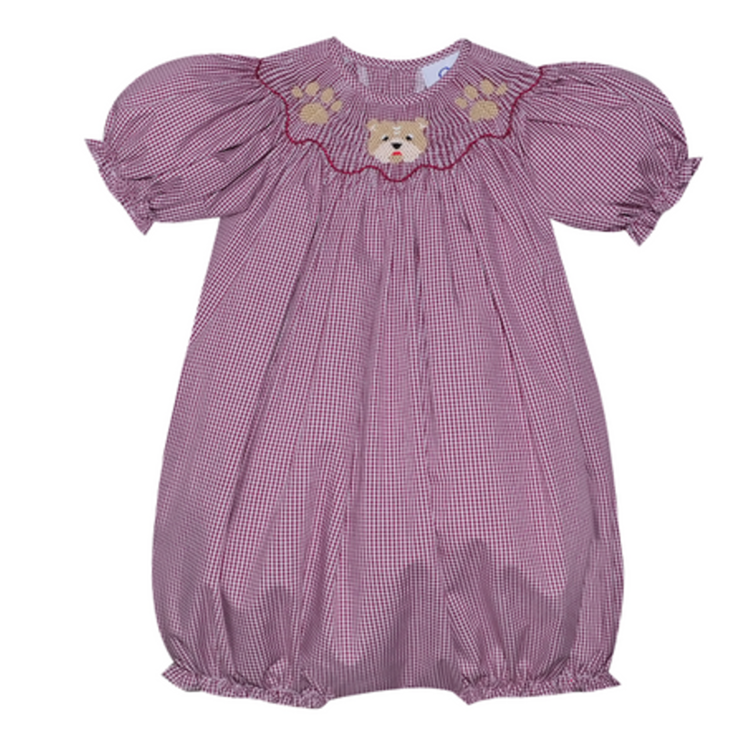 SOUTHERN SATURDAY BULLDOG MAROON/WHITE SMOCKED GIRLS BUBBLE