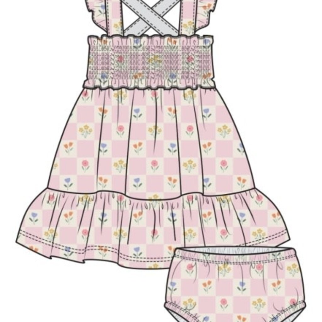 ANGEL DEAR Floral Check Smocked Ruffle Sundress & Diaper Cover