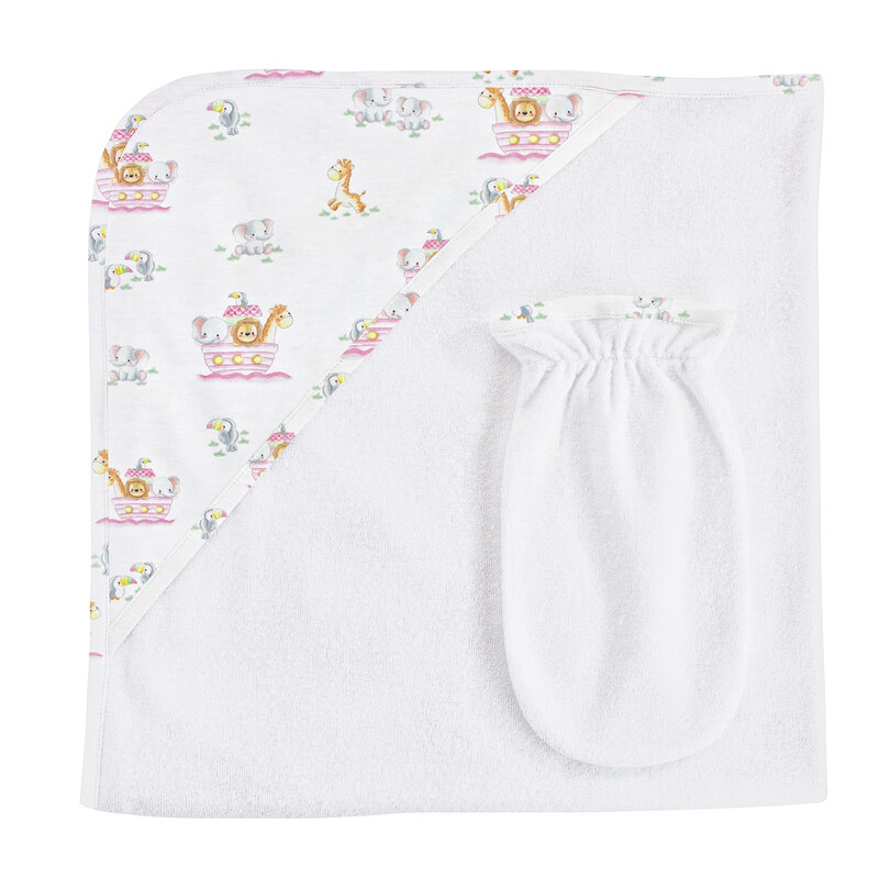 BABY CLUB CHIC noah's ark pink printed hooded towel w/mitt set