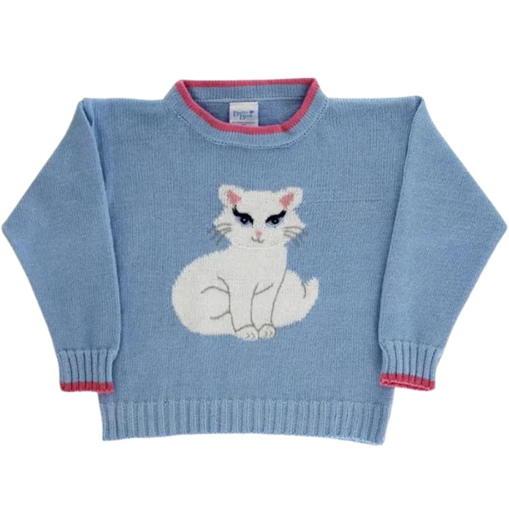 BAILEY BOYS GIRL'S CREW NECK SWEATER KITTY ON LT BLUE