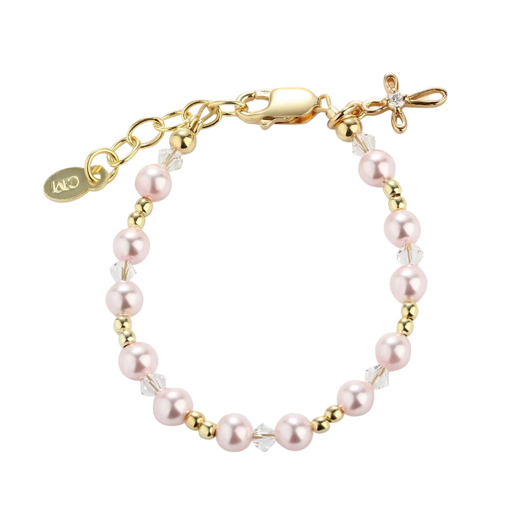 CHERISHED MOMENTS LAUREN-MED-14K GOLD-PLATED PINK PEARL CROSS