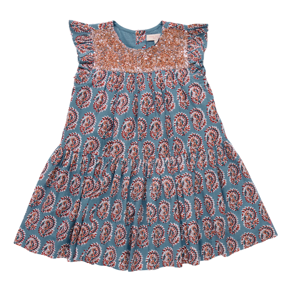PINK CHICKEN girls fiona ruffle dress - blue paisley