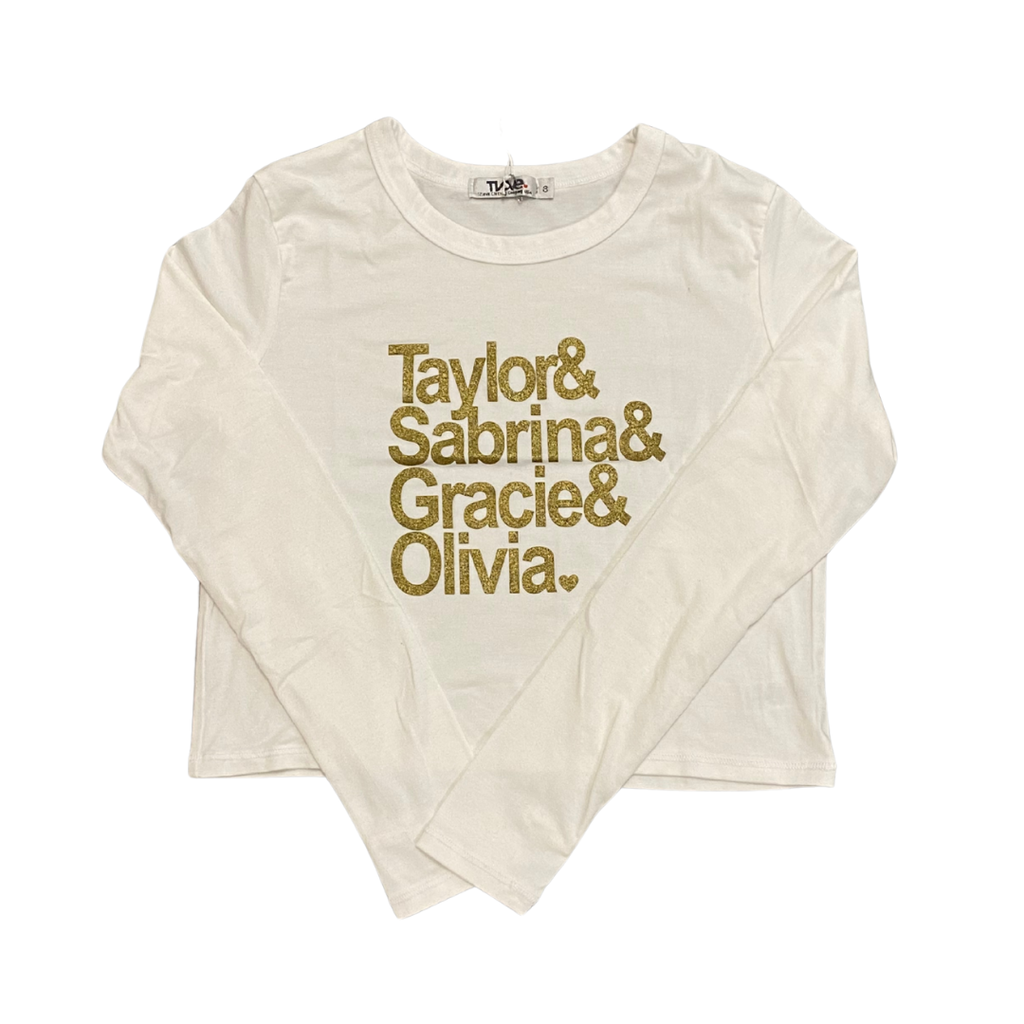 T2LOVE L/S Boxy Tee w/Thumbhole-Taylor, Sabrina, Gracie, Olivia Gold-Off Wht