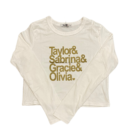 T2LOVE L/S Boxy Tee w/Thumbhole-Taylor, Sabrina, Gracie, Olivia Gold-Off Wht