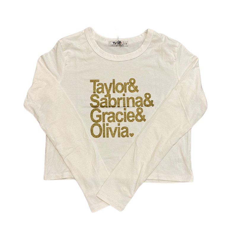 T2LOVE L/S Boxy Tee w/Thumbhole-Taylor, Sabrina, Gracie, Olivia Gold-Off Wht