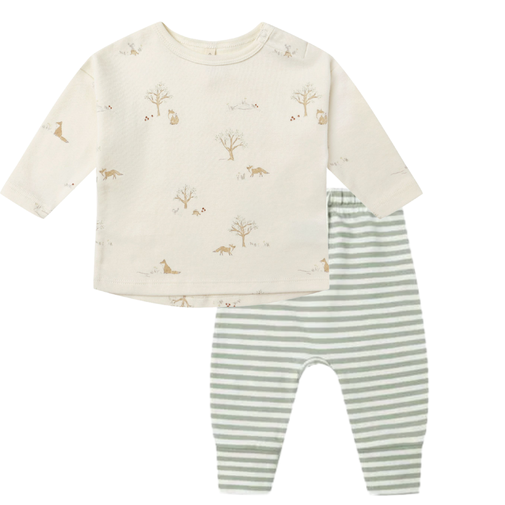 QUINCY MAE L/S FOX LAND TEE W/STRIPE FERN DRAWSTRING PANT