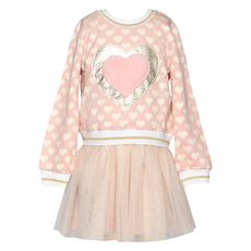 Baby Sara L/S TWOFER DRESS W/FAUX FUR HEART W/MESH SKIRT-PK MULTI