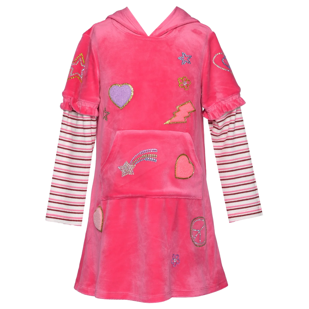 Baby Sara L/S VELOUR HOODIE DRESS W/PATCH AND RHINESTONES-FUSCHIA