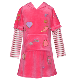 Baby Sara L/S VELOUR HOODIE DRESS W/PATCH AND RHINESTONES-FUSCHIA